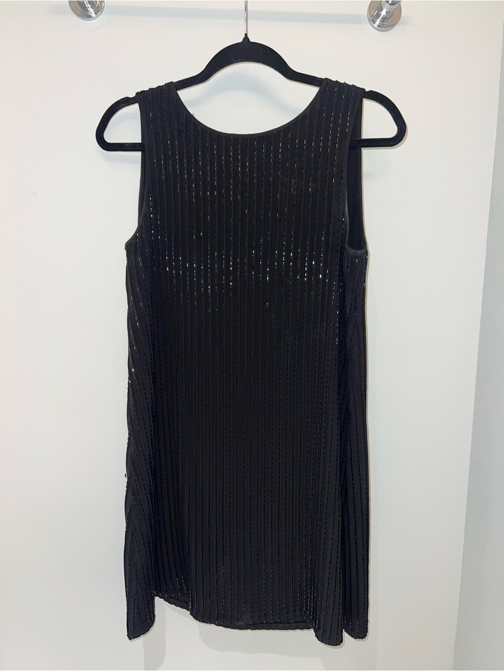 Alice + Olivia Black Sleeveless Mini Dress with Sheer Vertical Stripes